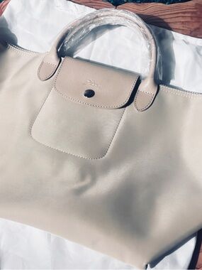 Longchamp Cream Leather Tote with Front Flap